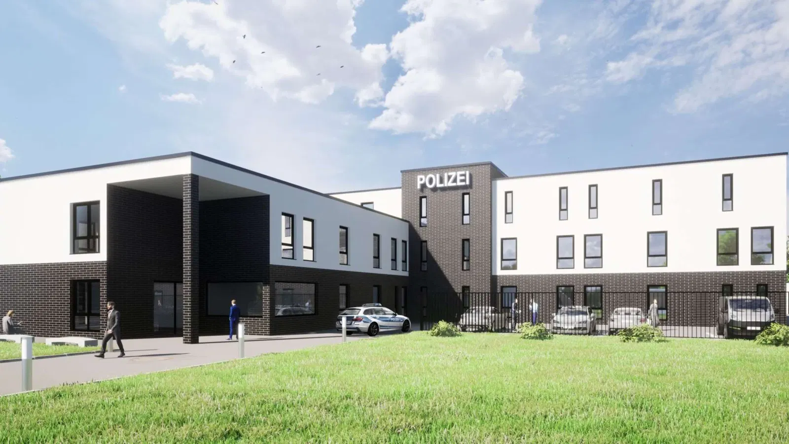 Visualisierung des Polizeireviers Kassel-Ost mit heller Fassade und dunklem Klinkersockel